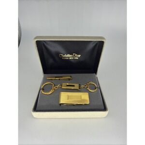 Vintage Christian Dior Accessory Kit Money Clip Tie Bar Keychain Gold Tone Set